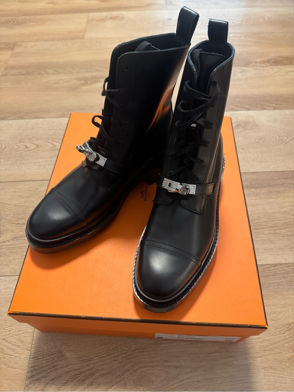 Hermes Black Leather Lace-Up Ankle Boots with Silver Hardware